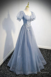 Cute Shiny Tulle Long Prom Dress, A-Line Short Sleeve Evening Party Dress